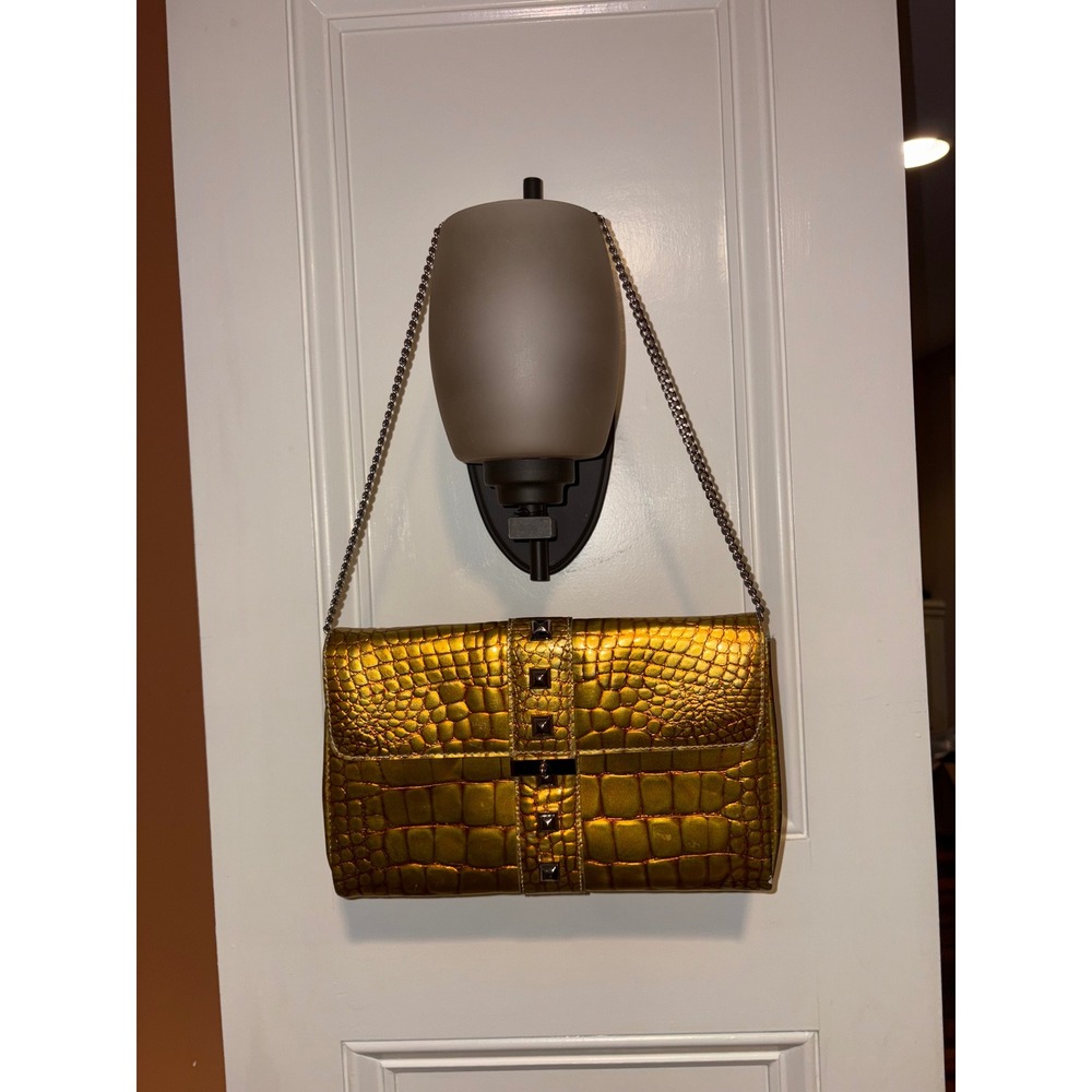 Cynthia‎ Rowley Gold Croc Embossed Clutch Shoulder Bag Evening Purse Studded